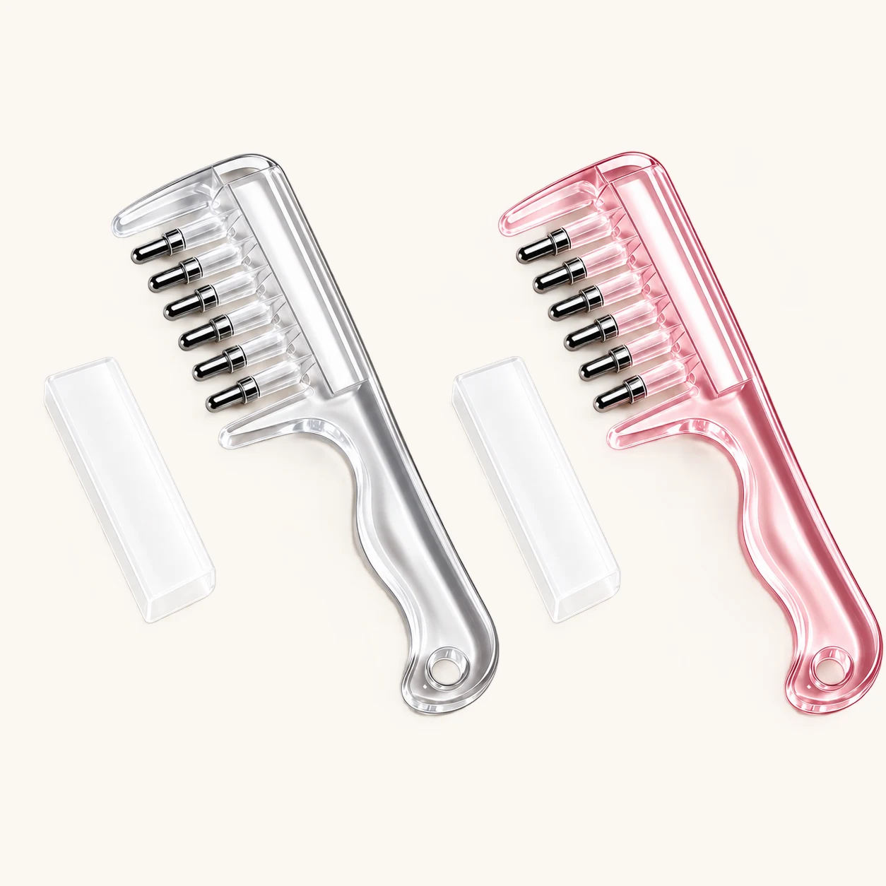 Clear and pink scalp serum applicator combs with protective caps