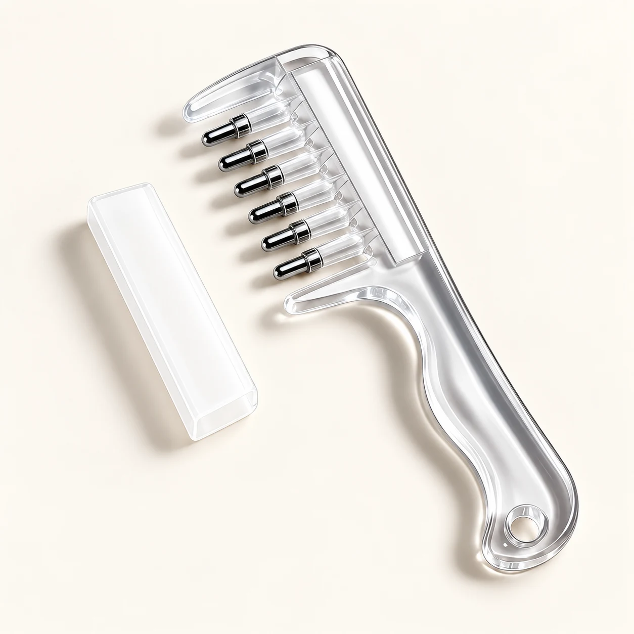 Clear scalp serum applicator comb with protective cap